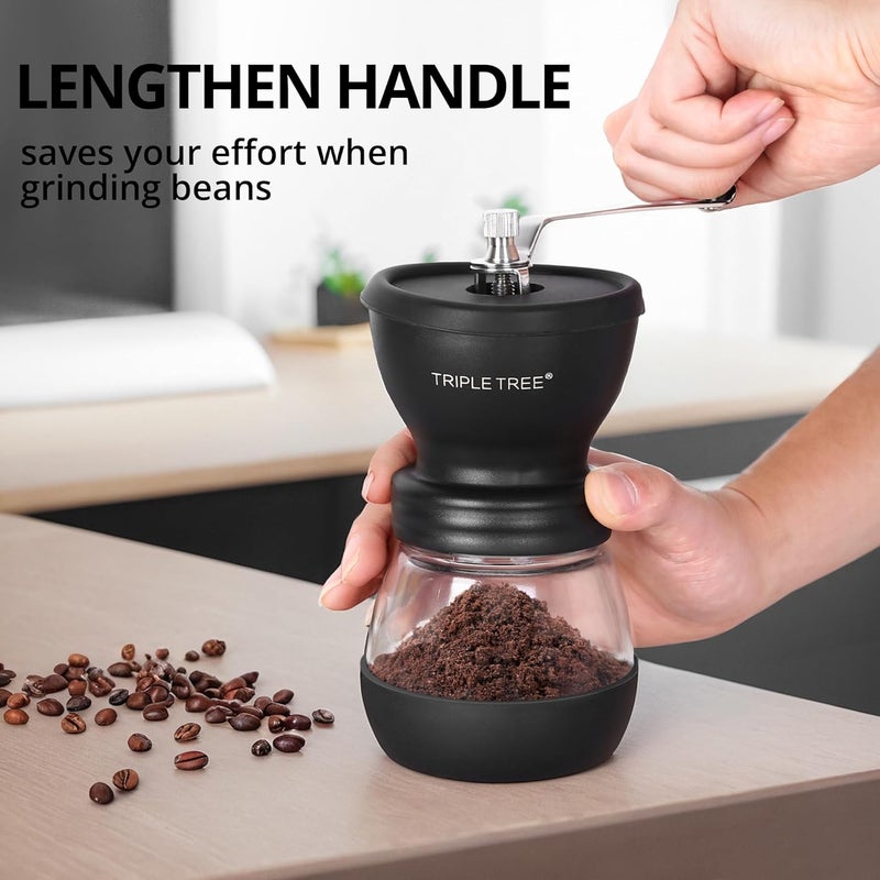 Zaboro Manual Coffee Grinder with Ceramic Burrs and Lengthen Stainless Steel Handle, Hand Coffee Mill with 2 Glass Jars(11oz each), Brush and Tablespoon Scoop, Coffee Bean Grinder for Home, Camping, Black - Image 5